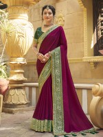 Magenta Vichitra Silk Embroidered Saree
